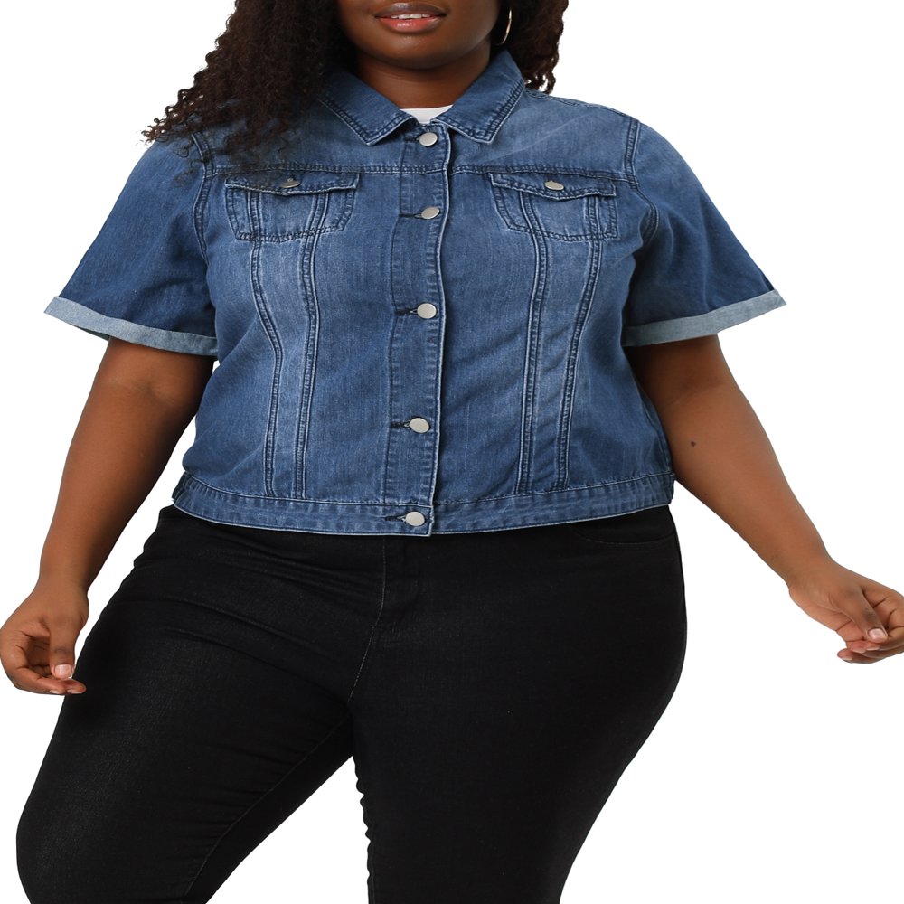  Plus Size Fall Button Down Crop Jean Trucker Denim Jacket