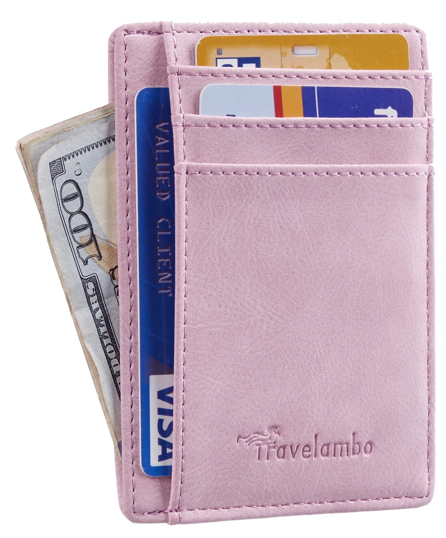 Travelambo Front Pocket Minimalist Leather Slim Wallet RFID Blocking Medium Size Card Holder Gifts for Men (Pink)