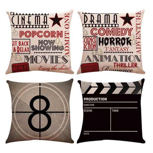 Movie Theater Throw Pillow Covers Vintage Cinema Poster Design Cushion Cover with Old Fashioned Icons Home Decorative Pillowcases 18 X 18 Inch, 4 Pack (Vintage Cinema)