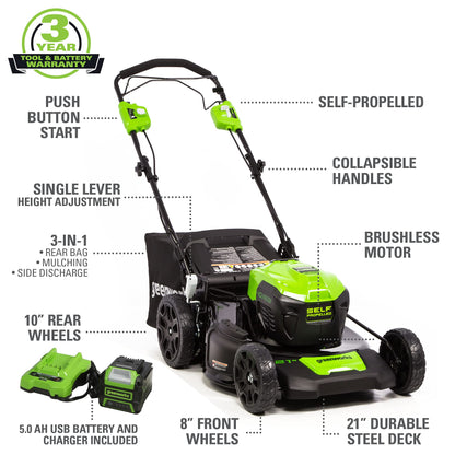 Greenworks 40V 21" Brushless Cordless (Self-Propelled) Lawn Mower (75+ Compatible Tools), 5.0Ah Battery and Charger Included