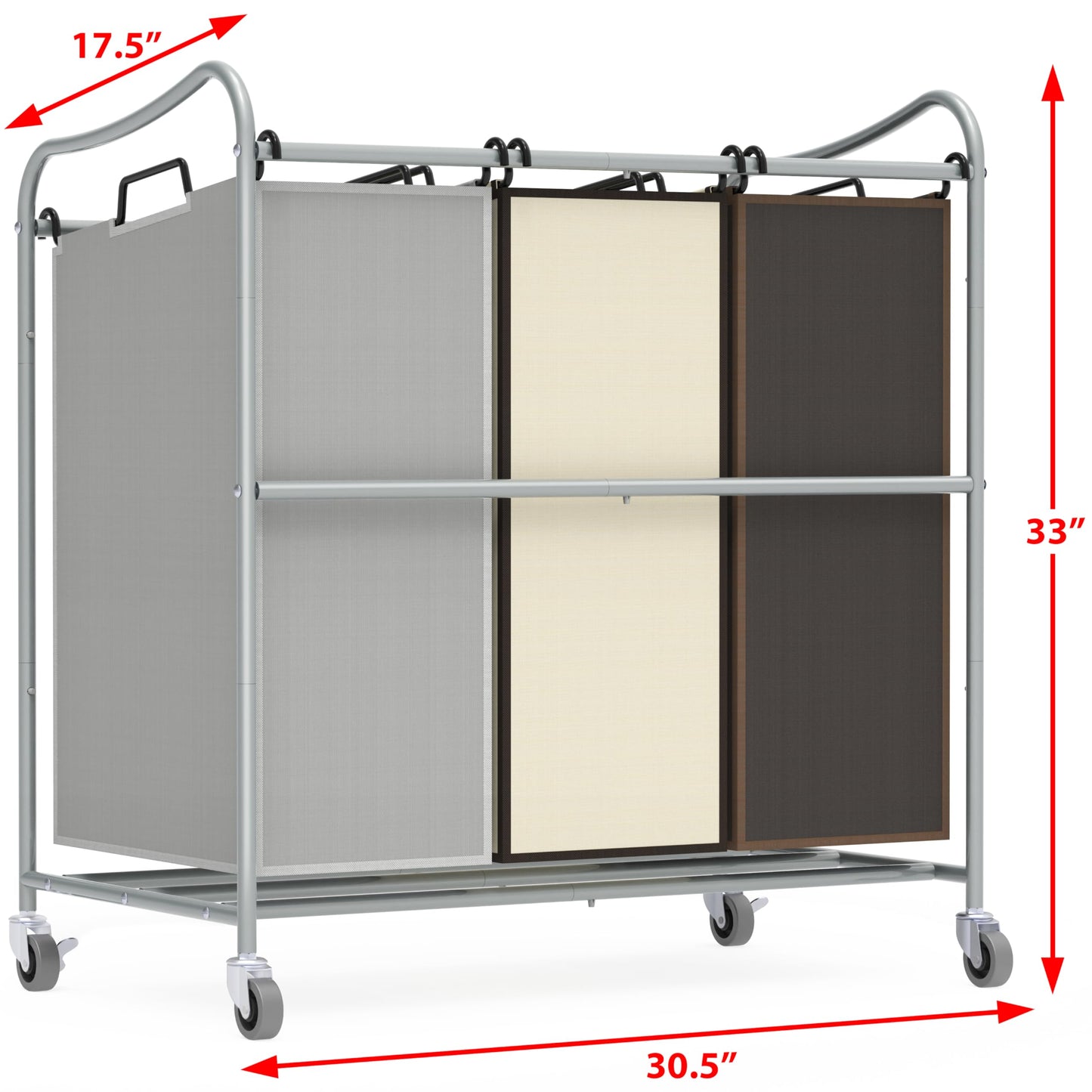 SimpleHouseware Heavy Duty 3-Bag Laundry Sorter Rolling Cart, Silver/Assorted Bags