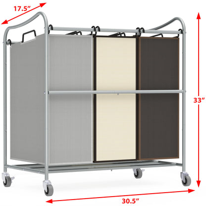 SimpleHouseware Heavy Duty 3-Bag Laundry Sorter Rolling Cart, Silver/Assorted Bags