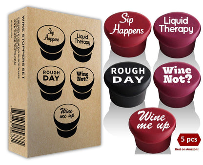 5 Funny Wine Stoppers - Perfect as Wine Accessories or Wine Gifts for Women - Set of 5 Funny Silicone Wine Bottle Stopper. A Great Christmas Gifts For Women Or Men. Better Than Wine Corks.