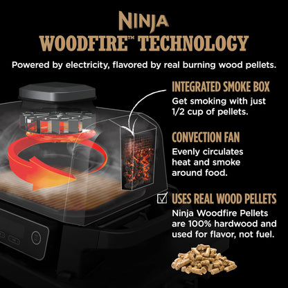 Ninja Woodfire Pro 7-in-1 Grill & Smoker with Thermometer, Air Fryer, BBQ, Bake, Roast, Broil - Portable Electric Outdoor Grill, Grey