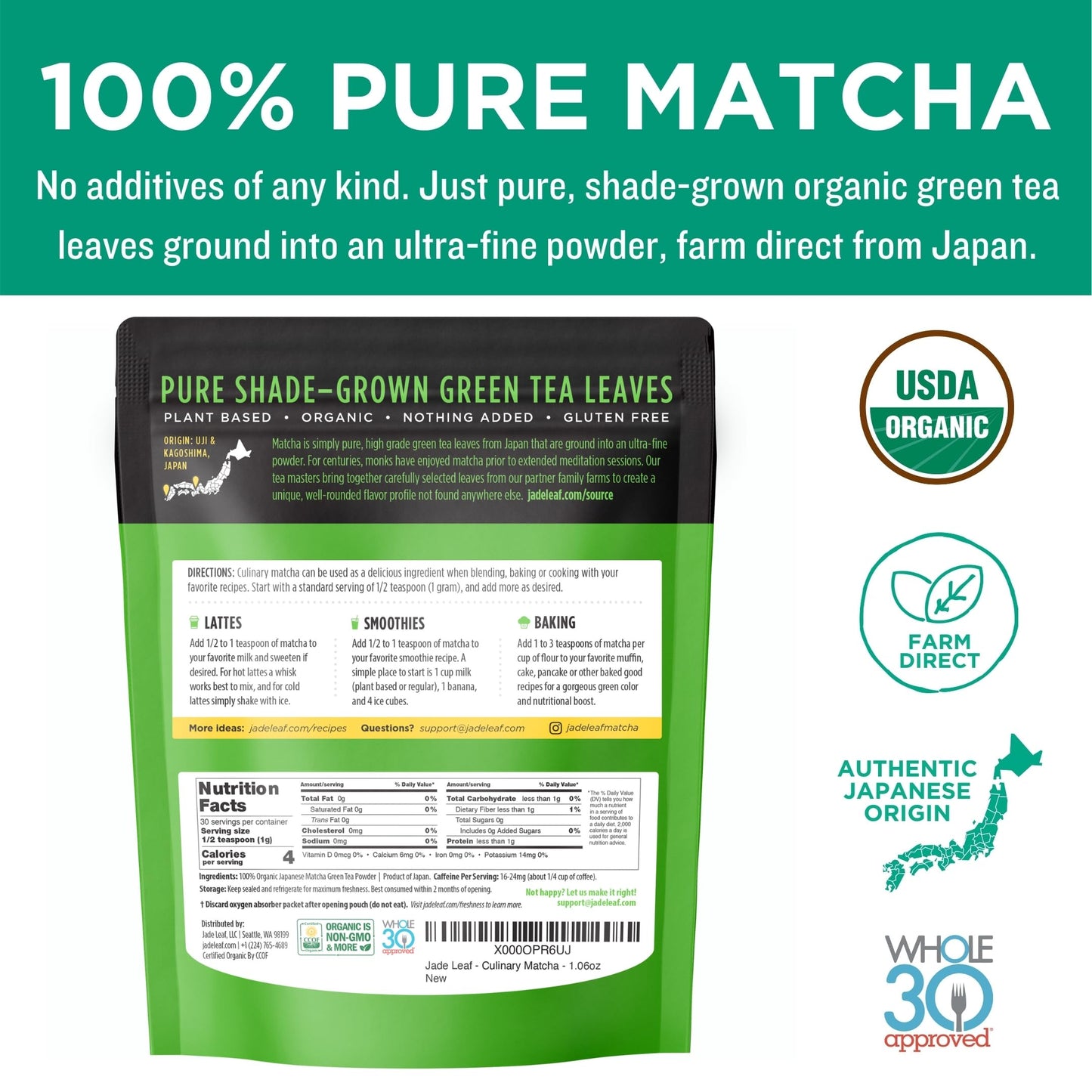 Jade Leaf Matcha Organic Green Tea Powder - Culinary Grade Premium Second Harvest - Authentic Japanese Origin (1.06 Ounce Pouch)