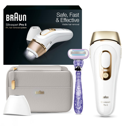 Braun IPL Long-lasting Laser Hair Removal Device for Women & Men, Silk Expert Pro5 PL5157, Safe & Virtually Painless Alternative to Salon Laser Hair Removal, Full Body, With Venus Razor & Luxury Case