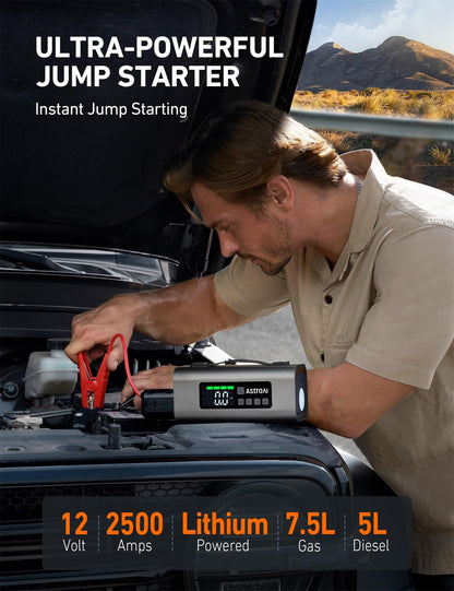 AstroAI Jump Starter with Air Compressor and Air Pump, 2500A Battery Jump Starter with 150PSI Tire Inflator, Up to 7.5L Gas & 5.0L Diesel Engine, 2" LED Screen for Car Tires, Air Mattress, Inflatables