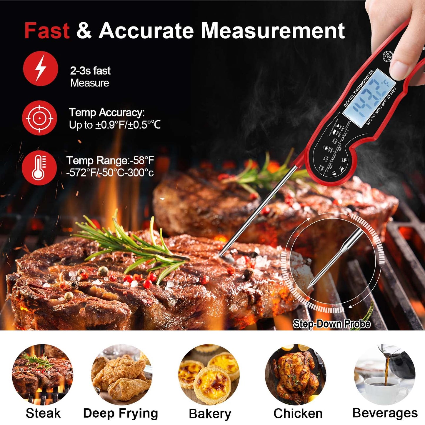 Meat Thermometer Digital for Grilling and Cooking - ANDAXIN Waterproof Ultra-Fast Instant Read Food thermometers with Backlight & Calibration for Kitchen, Deep Fry, BBQ, Grill(Red/Black), LCD