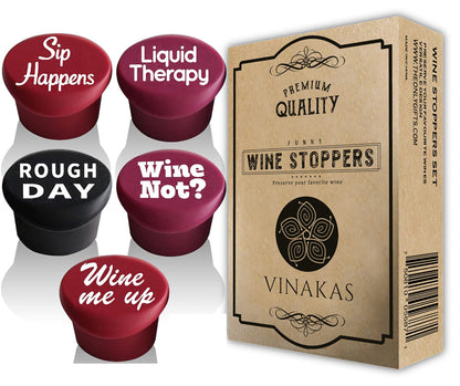 5 Funny Wine Stoppers - Perfect as Wine Accessories or Wine Gifts for Women - Set of 5 Funny Silicone Wine Bottle Stopper. A Great Christmas Gifts For Women Or Men. Better Than Wine Corks.