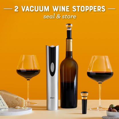 Oster Electric Wine Opener, Foil Cutter, Wine Pourer and Vacuum Wine Stoppers with CorkScrew and Charging Base, Black