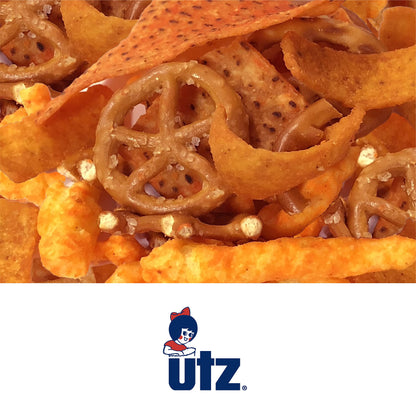 Utz Party Mix - 26 Ounce Barrel - Tasty Snack Mix Includes Corn/Nacho Tortillas, Pretzels, BBQ Corn Chips and Cheese Curls, Easy and Quick Party Snacks, Cholesterol Free and Trans-Fat Free