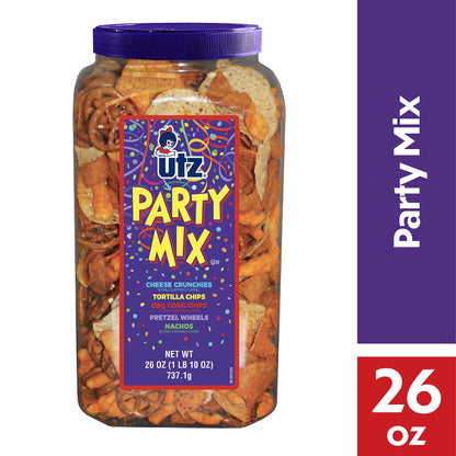 Utz Party Mix - 26 Ounce Barrel - Tasty Snack Mix Includes Corn/Nacho Tortillas, Pretzels, BBQ Corn Chips and Cheese Curls, Easy and Quick Party Snacks, Cholesterol Free and Trans-Fat Free