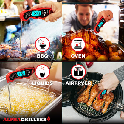 Alpha Grillers Instant Read Meat Thermometer for Grill and Cooking. Best Waterproof Ultra Fast Thermometer with Backlight & Calibration. Digital Food Probe for Kitchen, Outdoor Grilling and BBQ!