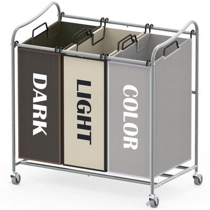 SimpleHouseware Heavy Duty 3-Bag Laundry Sorter Rolling Cart, Silver/Assorted Bags
