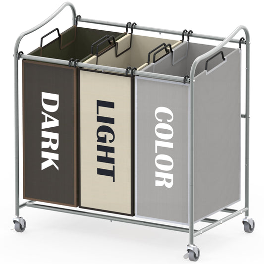 SimpleHouseware Heavy Duty 3-Bag Laundry Sorter Rolling Cart, Silver/Assorted Bags