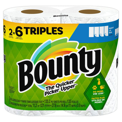 Bounty Select-A-Size 2-Ply Triple-Roll Paper Towels, 5-7/8" x 11", White, 135 Sheets Per Roll, Pack of 2 Rolls