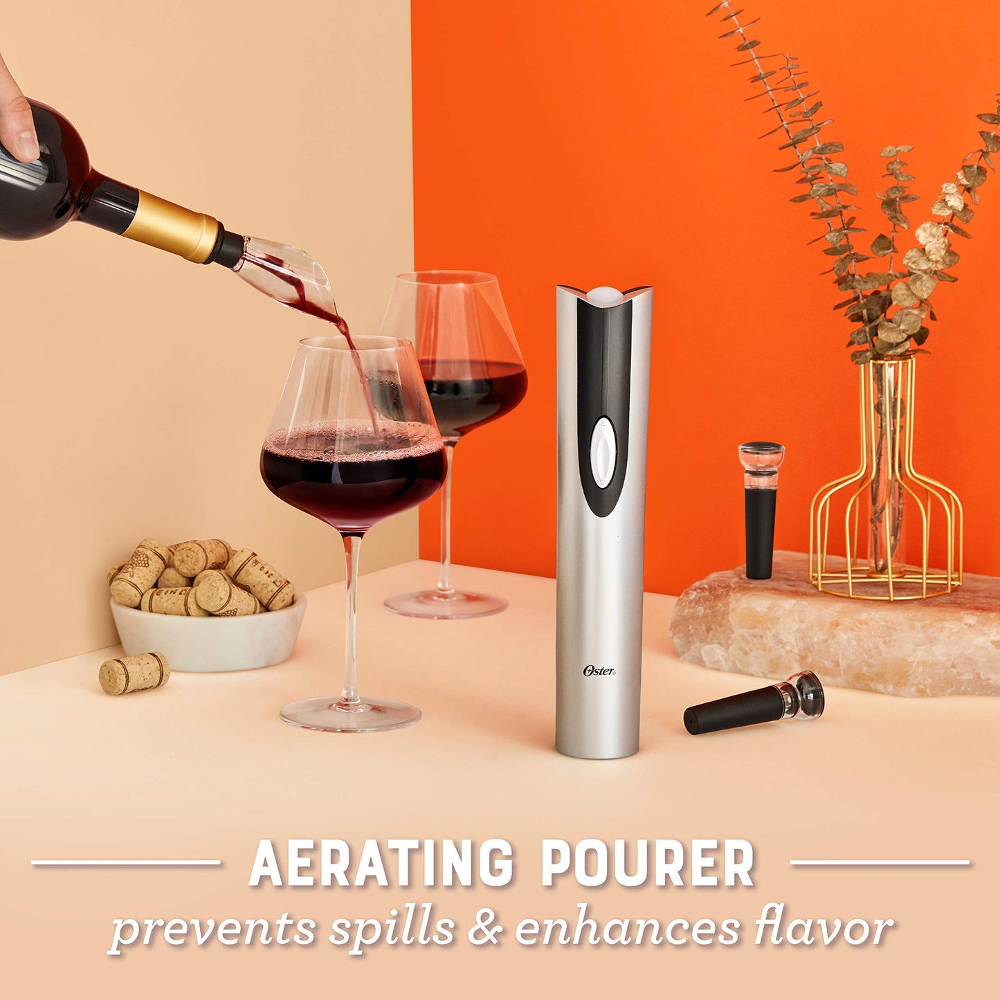 Oster Electric Wine Opener, Foil Cutter, Wine Pourer and Vacuum Wine Stoppers with CorkScrew and Charging Base, Black