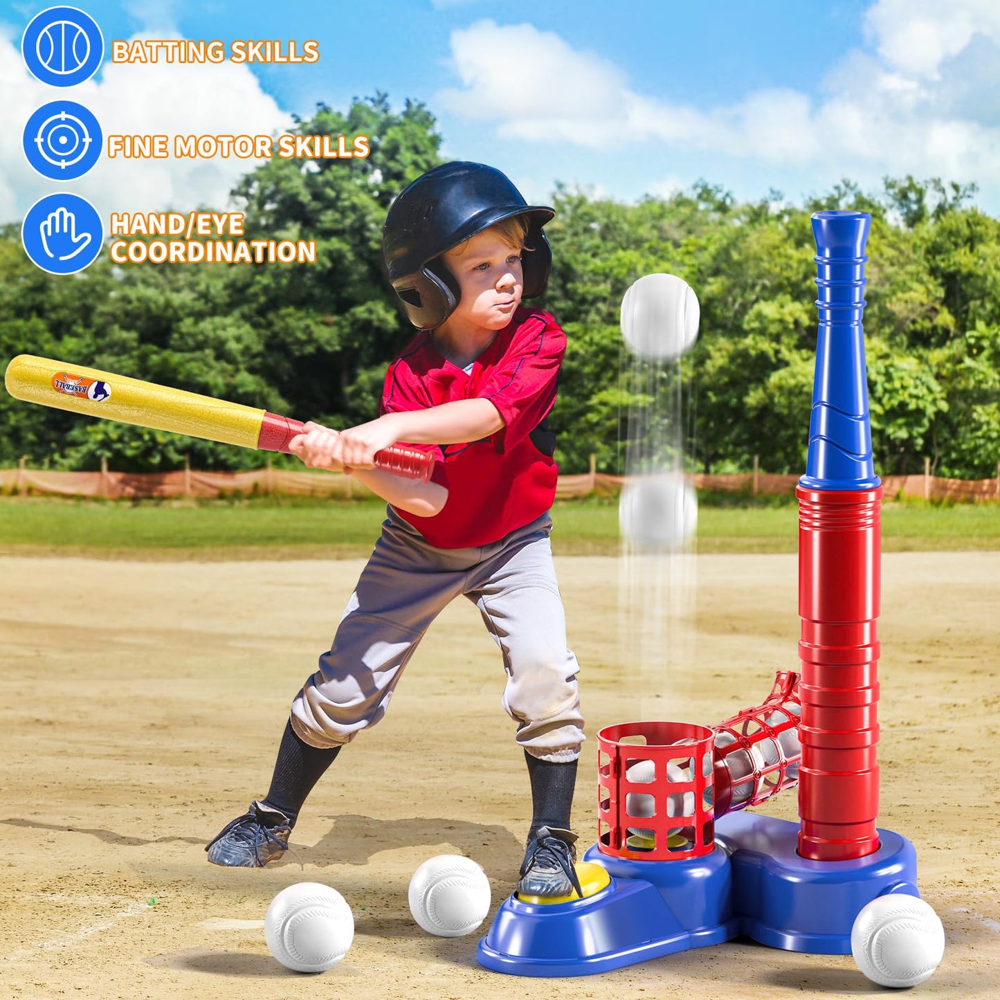 TEMI 2 in 1 Tee Ball Set for Kids 3-5|5-8, Kids Baseball Tee, T-Ball Set with 10 Balls, Step on Pitching Machine, Batting Tee, Outdoor Sport Toy Games for 3 4 5 6 7 8 Year Old Boys Kids Toddler