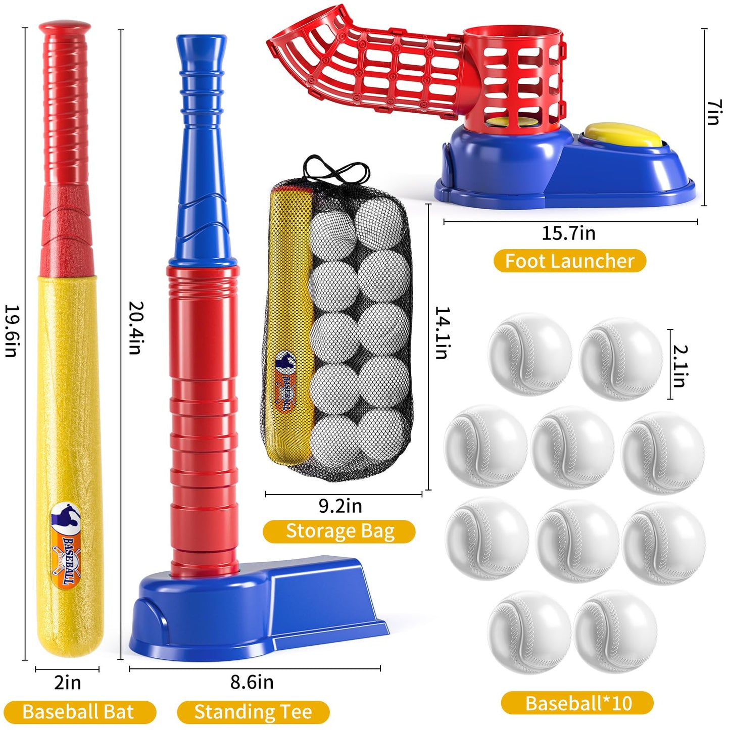 TEMI 2 in 1 Tee Ball Set for Kids 3-5|5-8, Kids Baseball Tee, T-Ball Set with 10 Balls, Step on Pitching Machine, Batting Tee, Outdoor Sport Toy Games for 3 4 5 6 7 8 Year Old Boys Kids Toddler