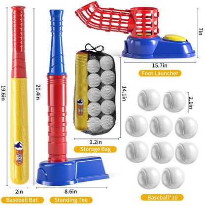 TEMI 2 in 1 Tee Ball Set for Kids 3-5|5-8, Kids Baseball Tee, T-Ball Set with 10 Balls, Step on Pitching Machine, Batting Tee, Outdoor Sport Toy Games for 3 4 5 6 7 8 Year Old Boys Kids Toddler