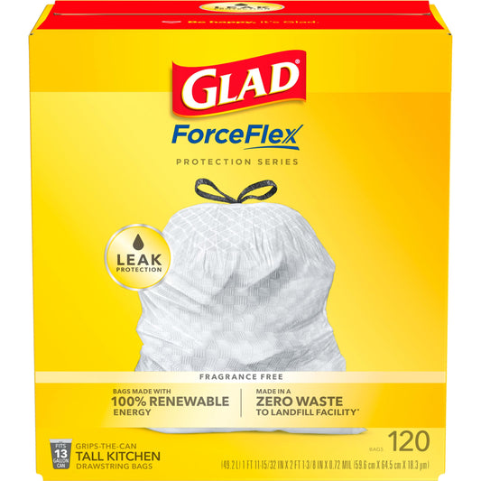 Glad ForceFlex Tall Kitchen Drawstring Trash Bags, 13 Gal, Unscented, 120 Ct, Pack May Vary