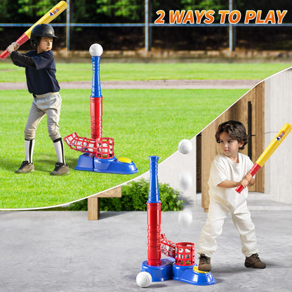 TEMI 2 in 1 Tee Ball Set for Kids 3-5|5-8, Kids Baseball Tee, T-Ball Set with 10 Balls, Step on Pitching Machine, Batting Tee, Outdoor Sport Toy Games for 3 4 5 6 7 8 Year Old Boys Kids Toddler