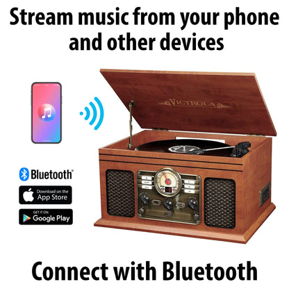 Victrola Nostalgic 6-in-1 Bluetooth Record Player & Multimedia Center with Built-in Speakers - 3-Speed Turntable, CD & Cassette Player, FM Radio | Wireless Music Streaming | Mahogany