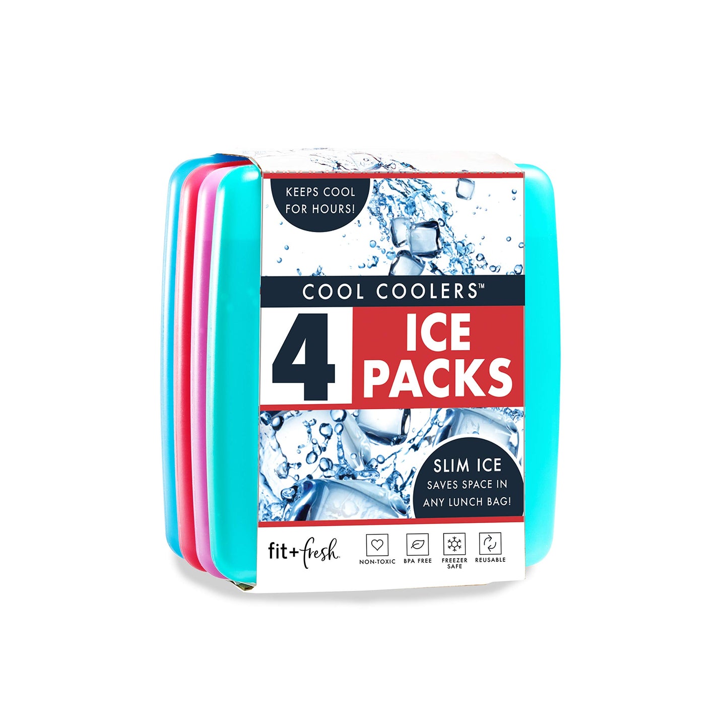 Cool Coolers by Fit & Fresh 4 Pack Slim Ice Packs, Quick Freeze Space Saving Reusable Ice Packs for Lunch Boxes or Coolers, Multi Colored