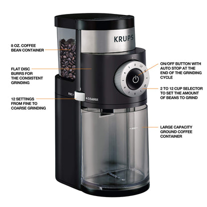 Krups Precise Stainless Steel Flat Burr Grinder 8oz, 32cups bean hopper 12 Grind from Fine to Coarse 110 Watts Removable Container, Drip, Press, Espresso, Cold Brew, 2,12 cups ground coffee Black