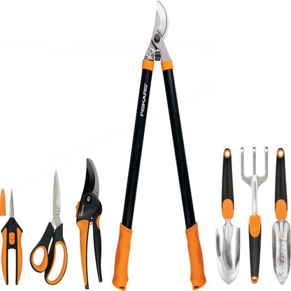 Fiskars Beginner 7 Pc Garden Tools Bundle, Steel, Orange and Black