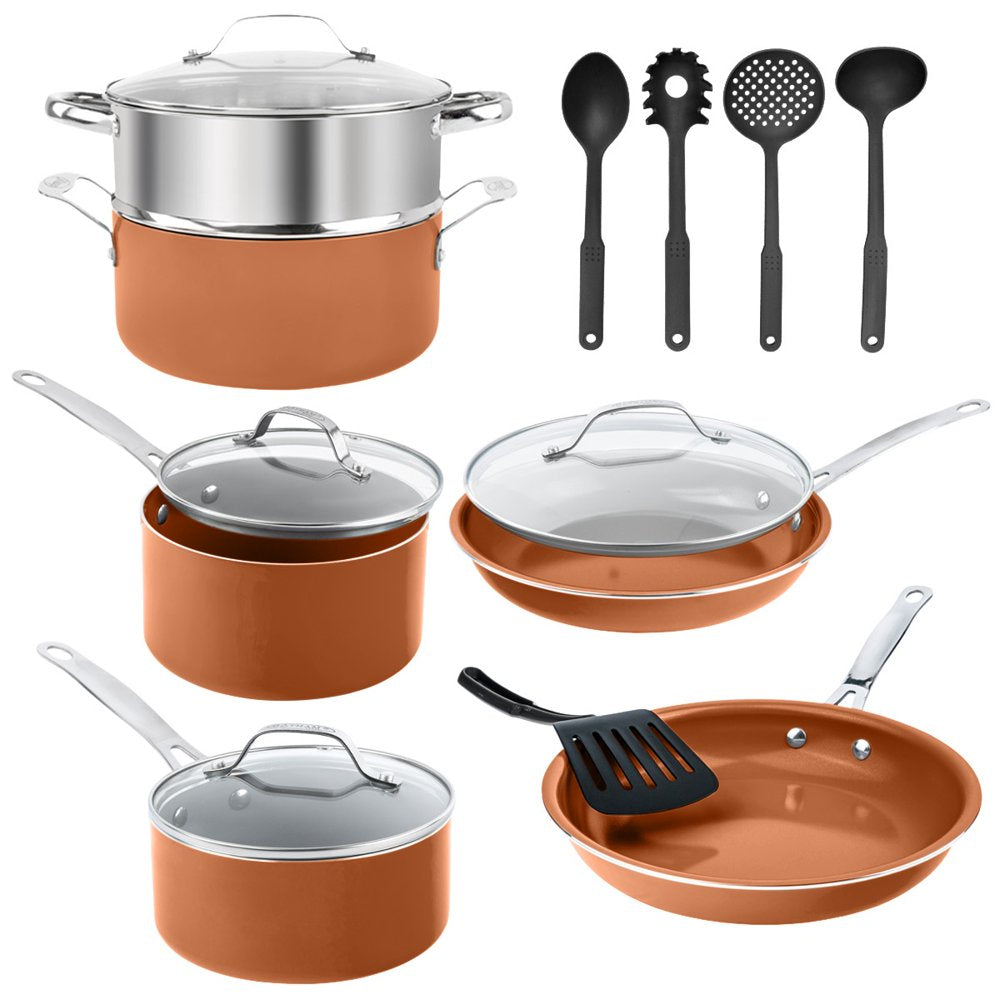 Gotham Steel Nonstick Cookware Pots and Pans Set with Utensils 15Pcs Copper