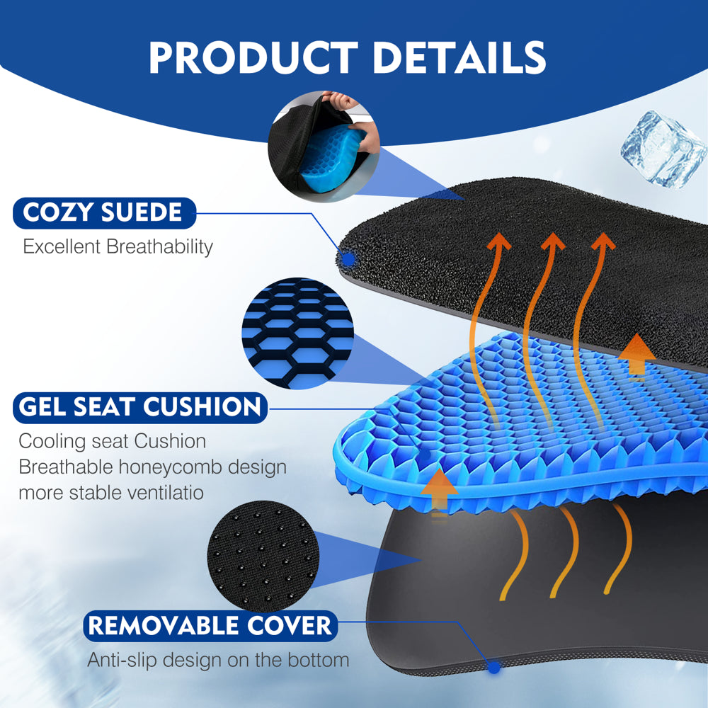 Gel Seat Cushion, Cooling Seat Cushion Thick Big Breathable Honeycomb Design Absorbs Pressure Points Seat Cushion with Non-Slip Cover Gel Cushion for Office Chair Home Car Seat Cushion for Wheelchair