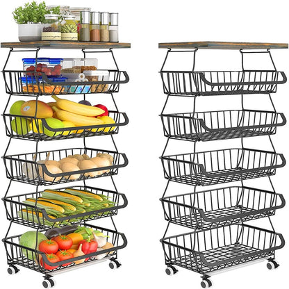 6-Tier Multifunction Fruit Vegetable Rack, Stackable Rolling Cart with Solid Wood, Kitchen Storage Rack