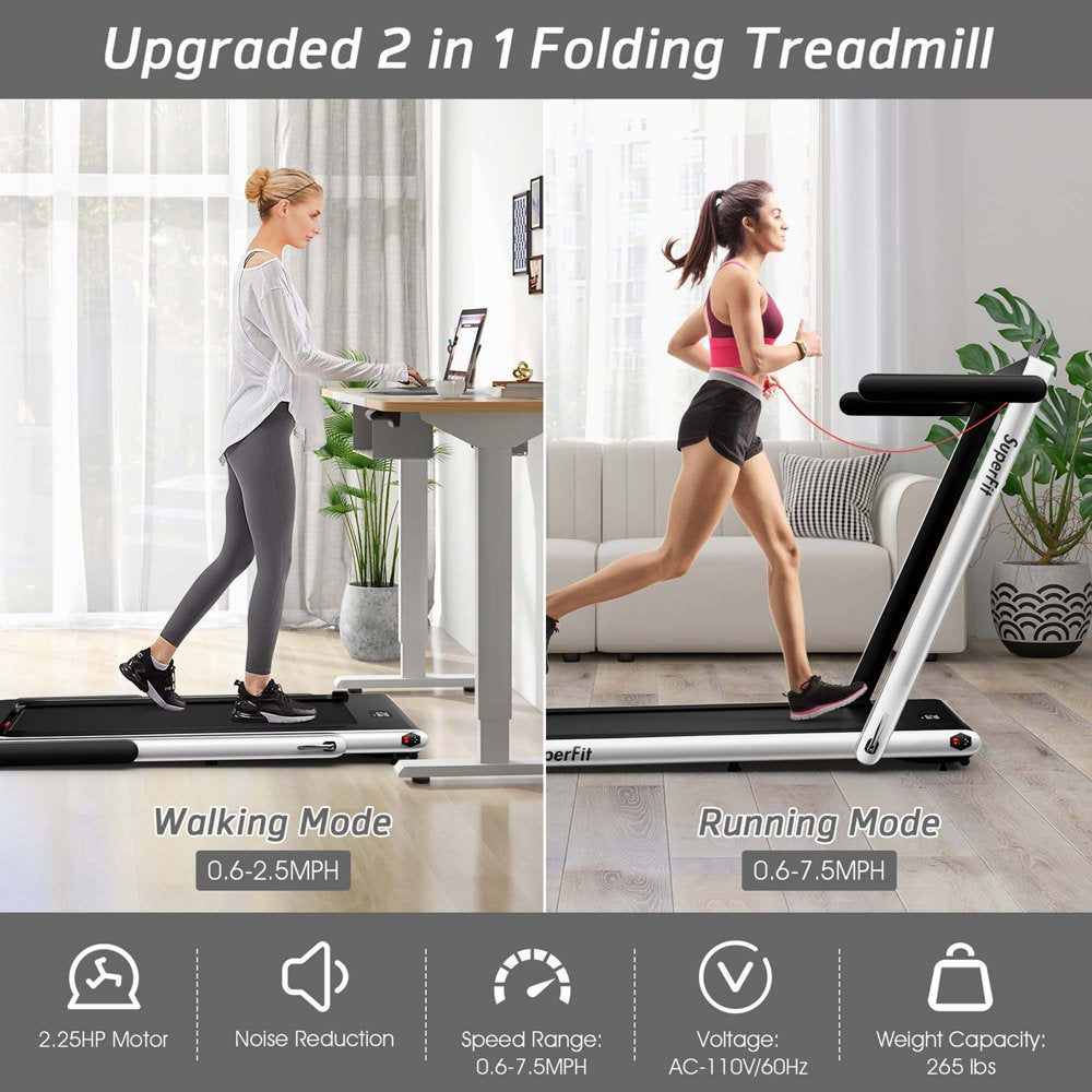 SuperFit Up To 7.5MPH 2.25HP 2 in 1 Dual Display Folding Treadmill Jogging Machine W/APP Control Dual Display Screen Silver