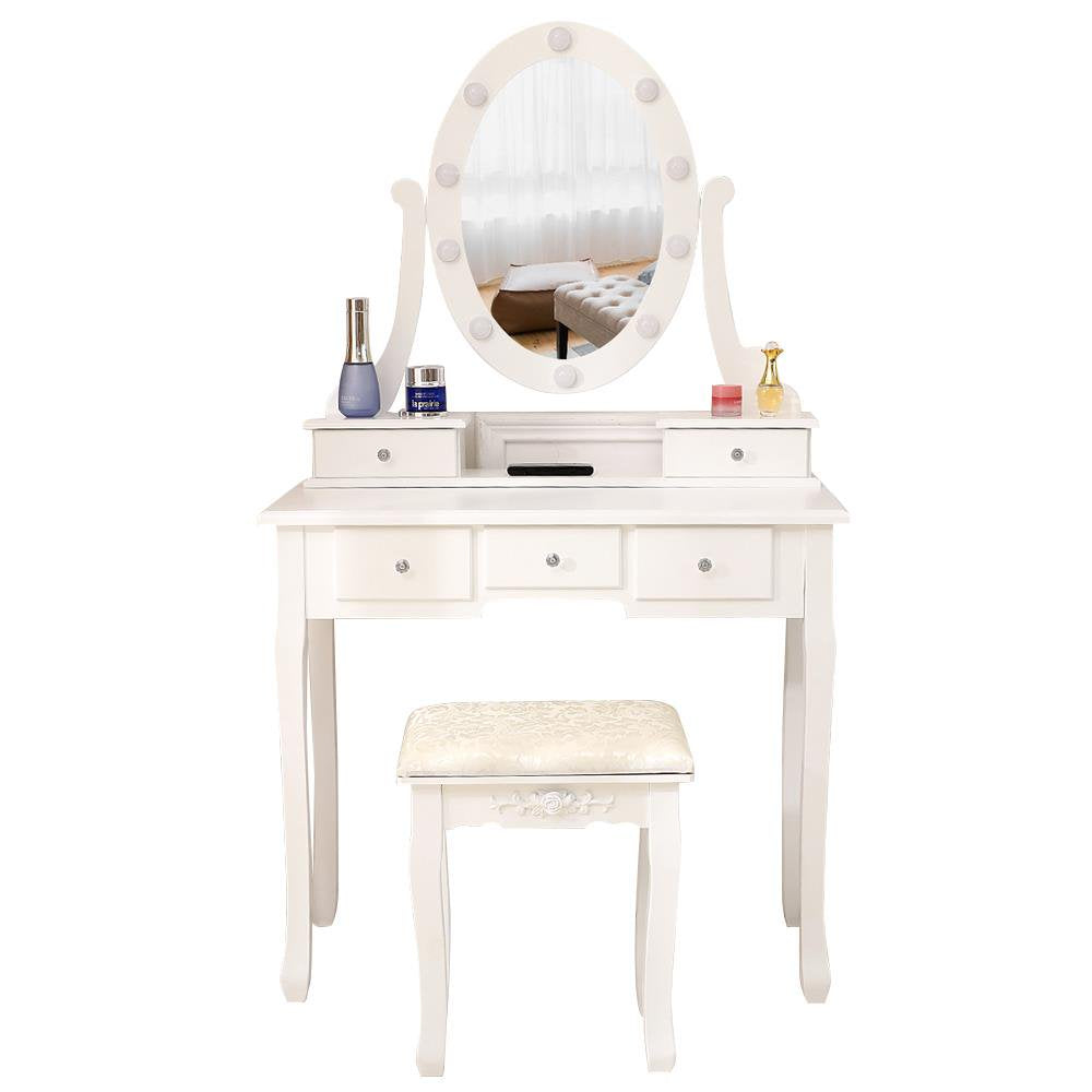 Ktaxon Vanity Table 10 LED Lights, 5 Drawers Makeup Dressing Desk with Cushioned Stool Set,Bedroom Vanities Set White