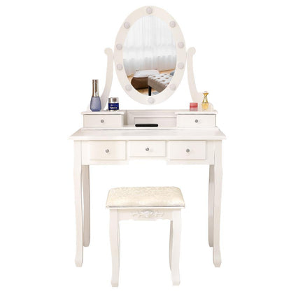 Ktaxon Vanity Table 10 LED Lights, 5 Drawers Makeup Dressing Desk with Cushioned Stool Set,Bedroom Vanities Set White