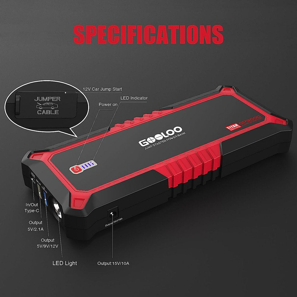 GOOLOO Jump Starter,3000A Peak 12V Car Jumper Pack(Up to 9L Gas and 7L Diesel Engine),SuperSafe Portable Lithium Battery Jump Starter Battery Booster Car Starter with USB Quick Charger