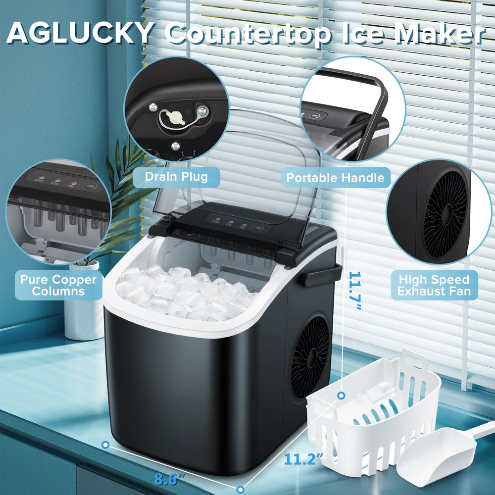 AGLUCKY Portable Ice Maker Countertop, 9Pcs/8Mins, 26Lbs/24H, Self-Cleaning Ice Machine with Handle for Kitchen/Office/Bar/Party(Black)