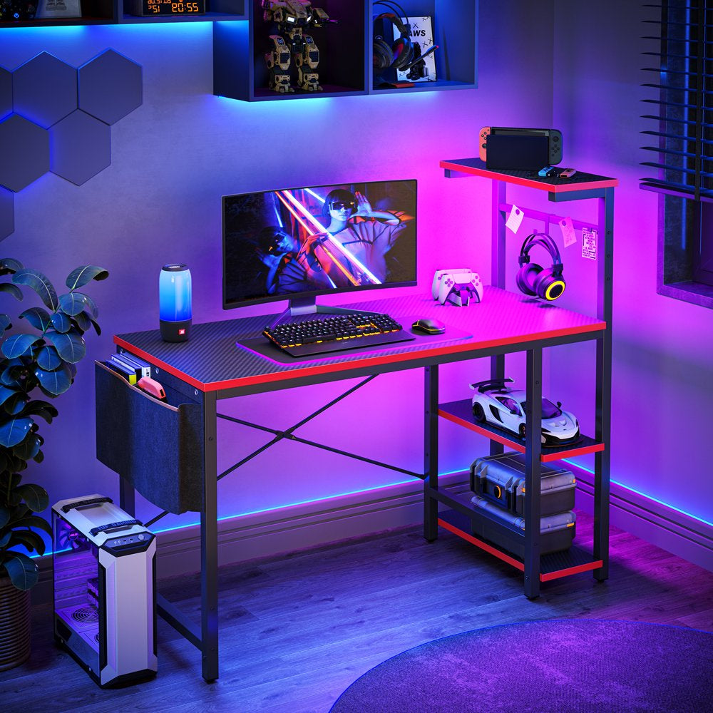 Bestier Reversible 44 inch Computer Desk with LED Lights Gaming Desk , 4 Tier Shelves Carbon Fiber