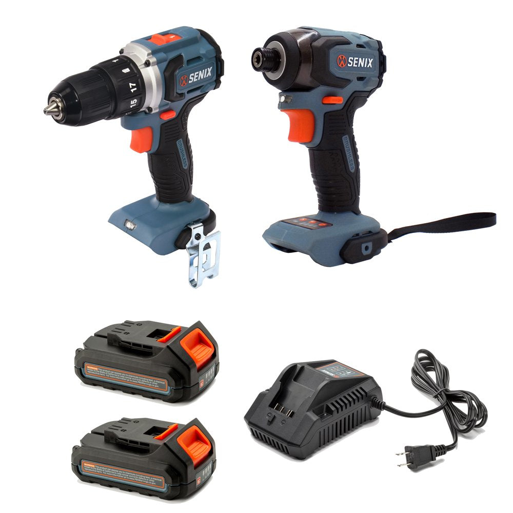 SENIX 20 Volt Max* 2-Tool Cordless Brushless Combo Kit, 1/2-Inch Drill Driver & 1/4-Inch Impact Driver (2 x Batteries and 1 x Charger Included), S2K2B2-01