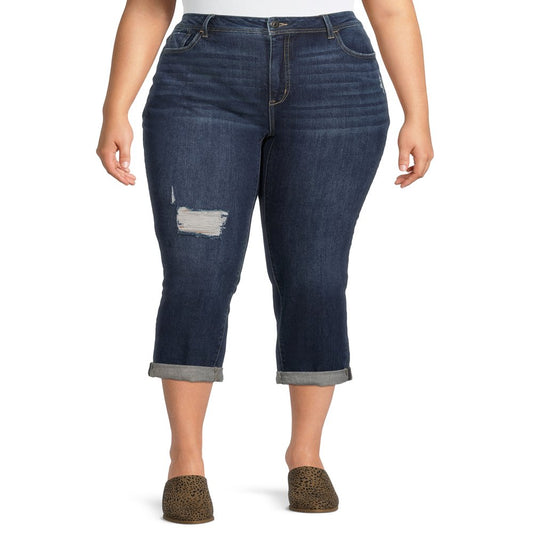 Women'S plus Size Distressed Slim Boyfriend Capri Jeans