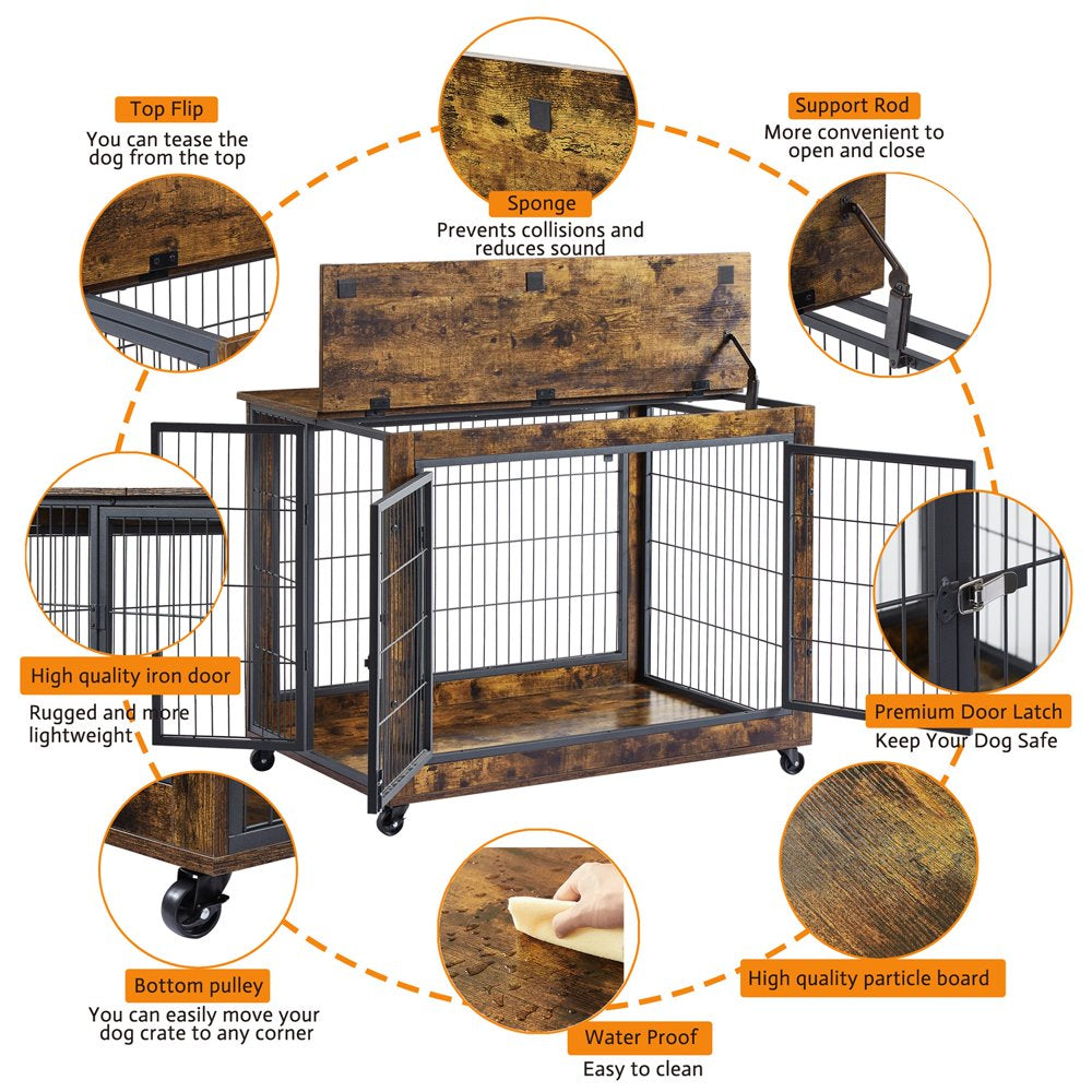 Pefilos 27 Inches Dog Crate Rustic Style Furniture Dog Cage Crate with Double Doors and Lift Top Heavy-Duty Kennel, Brown