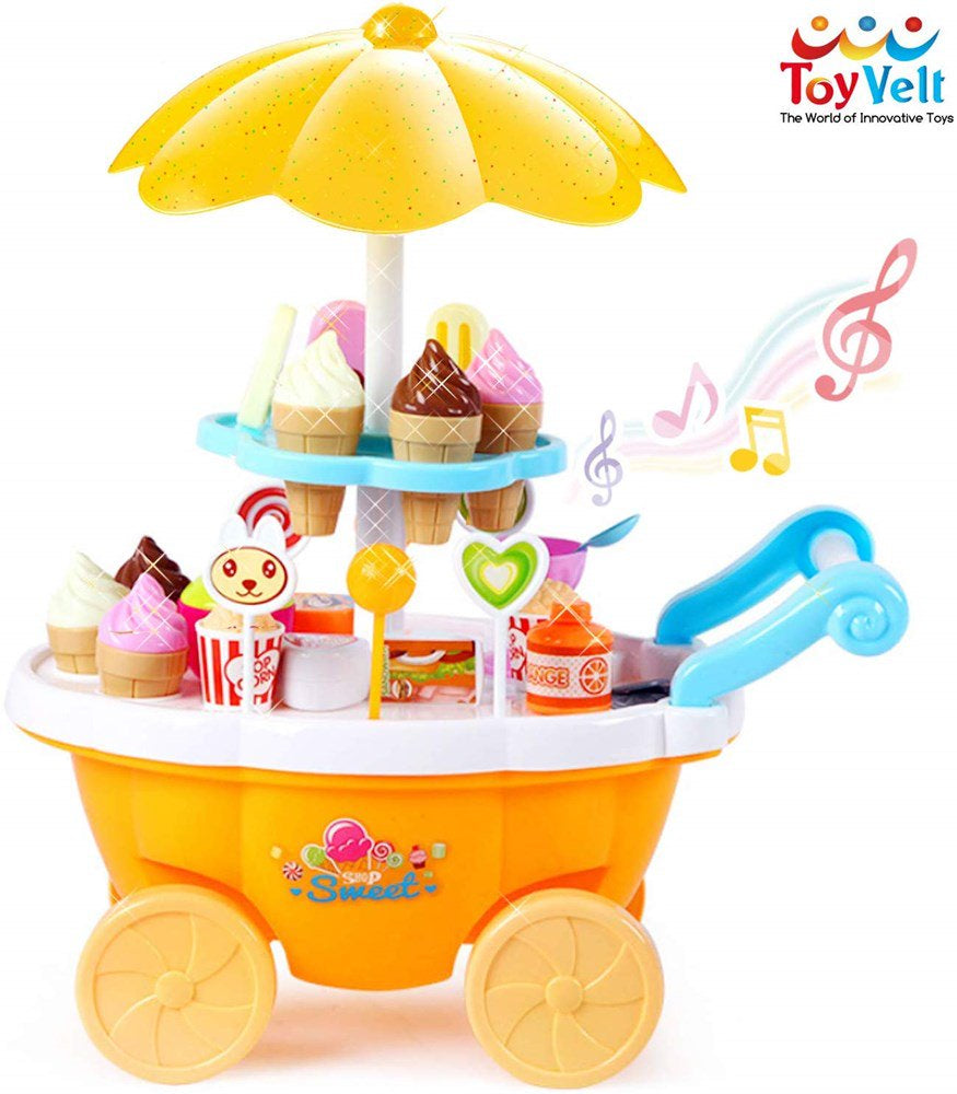 ToyVelt Ice Cream Toy Cart Play Set for Kids - 39-Piece Pretend Play Food - Educational Ice-Cream Trolley Truck with with Music & Lighting - Great Gift for Girls and Boys Ages 2 - 12 Years Old