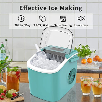 Kismile Countertop Ice Maker Portable Ice Machine with Handle, Self-Cleaning Ice Makers, 26Lbs/24H, 9 Ice Cubes Ready in 6 Mins for Home Kitchen Party Bar Green