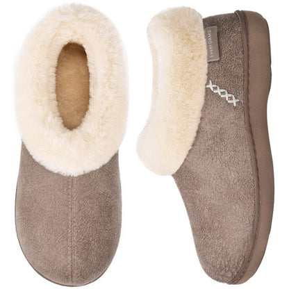  Women's Micro Suede Cozy Memory Foam Winter Slippers with Fuzzy Faux Fur Collar and Indoor Outdoor Rubber Sole