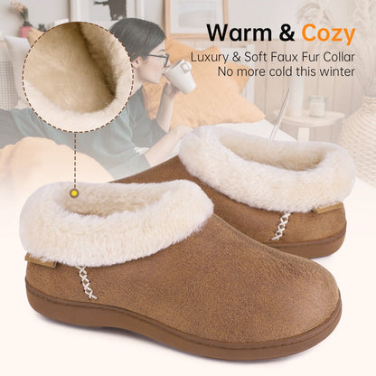  Women's Micro Suede Cozy Memory Foam Winter Slippers with Fuzzy Faux Fur Collar and Indoor Outdoor Rubber Sole