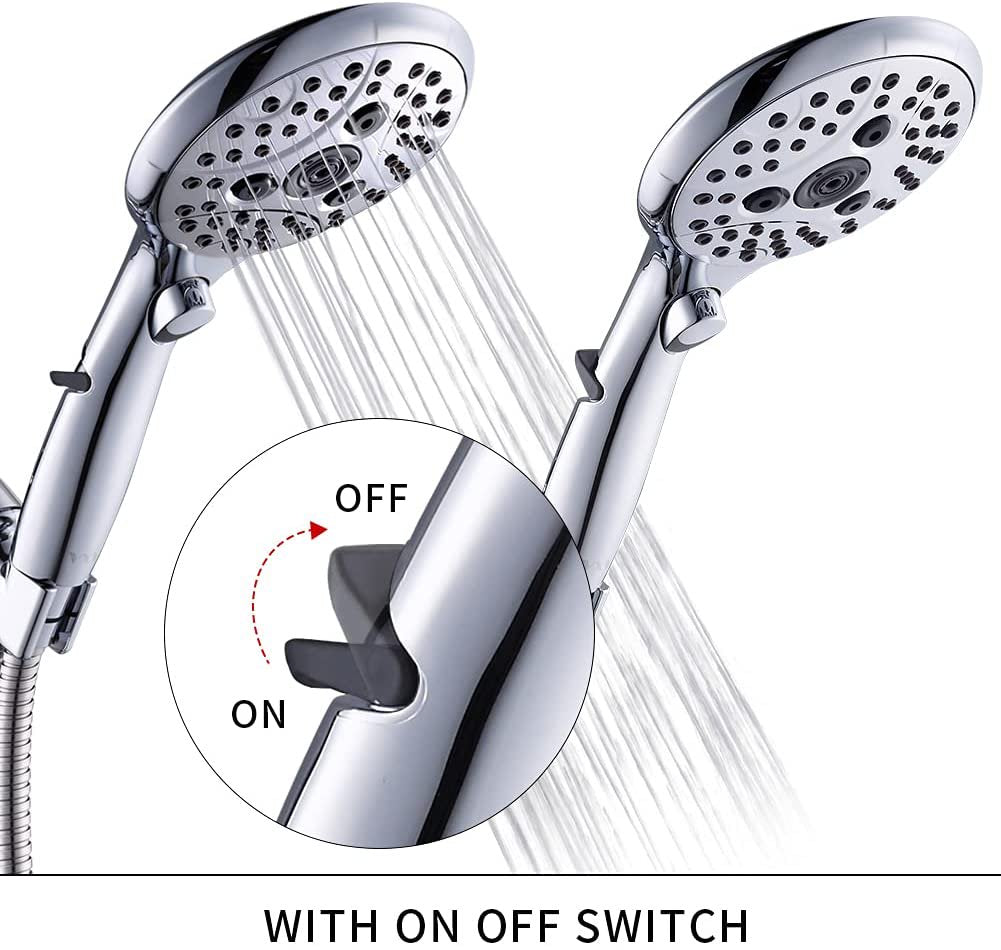 VXV Bathroom Handheld Shower Head with on off Switch, 6 Spray Setting Removable Hand Held Showerheads with 6 FT Stainless Steel Hose and Adjustable Angle Bracket(Chrome)