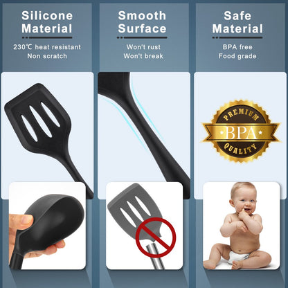 Silicone Kitchen Utensil Set, 6 Pieces Cooking Utensils, Black, BPA Free