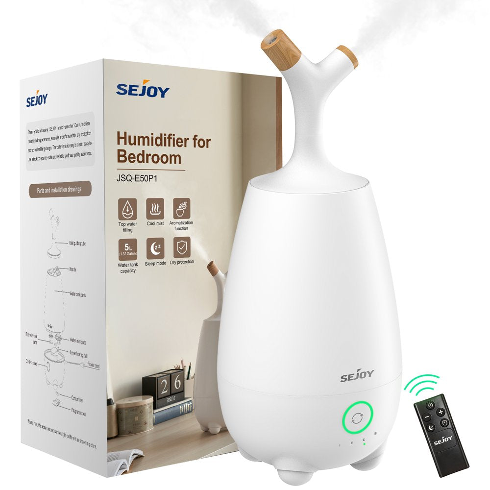 Sejoy Ultrasonic Humidifier for Home, Baby, 5L Large Capacity, Cool Mist, Remote Control, Auto Shut-off, White