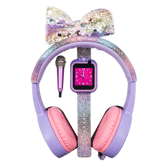 iTECH Jr Kids Smartwatch With Mini Mic & Headphones, Lavender Glitter Strap & Bow Headphone